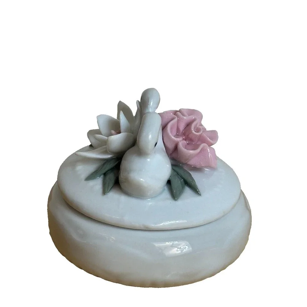Vintage Double Swan Porcelain Jewelry Trinket Box Pink Floral Cottagecore DecorV
